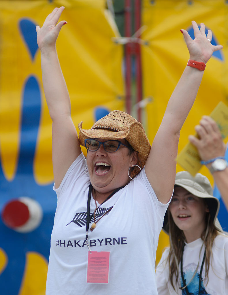 Barbara Buffaloe celebrates after dunking Barbie Banks into the dunk tank